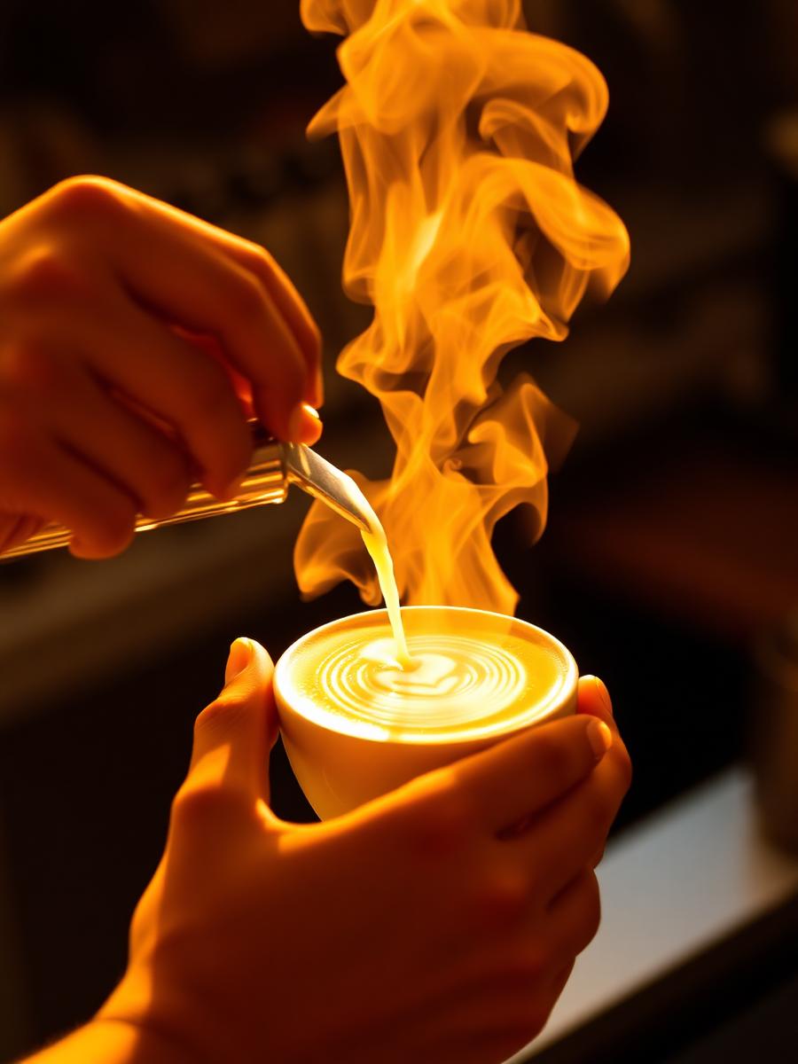 Barista pouring latte art in golden light