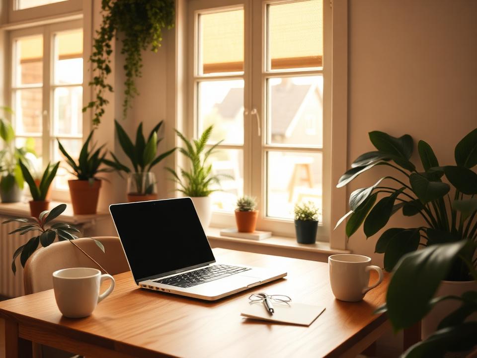 Cozy laptop workspace by a sunny café window
