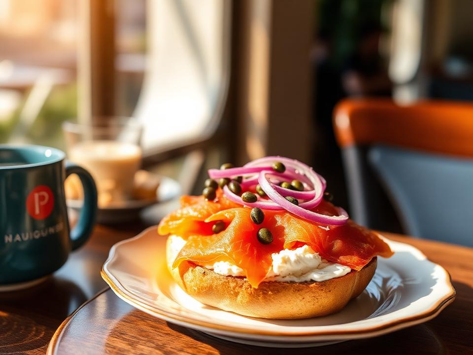 Lox bagel with cream cheese, capers, and red onion