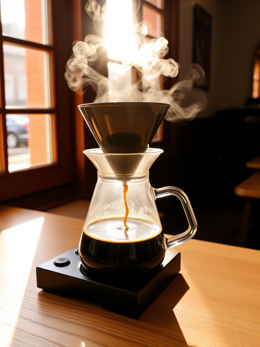 Pour-over drip coffee brewing in morning sun