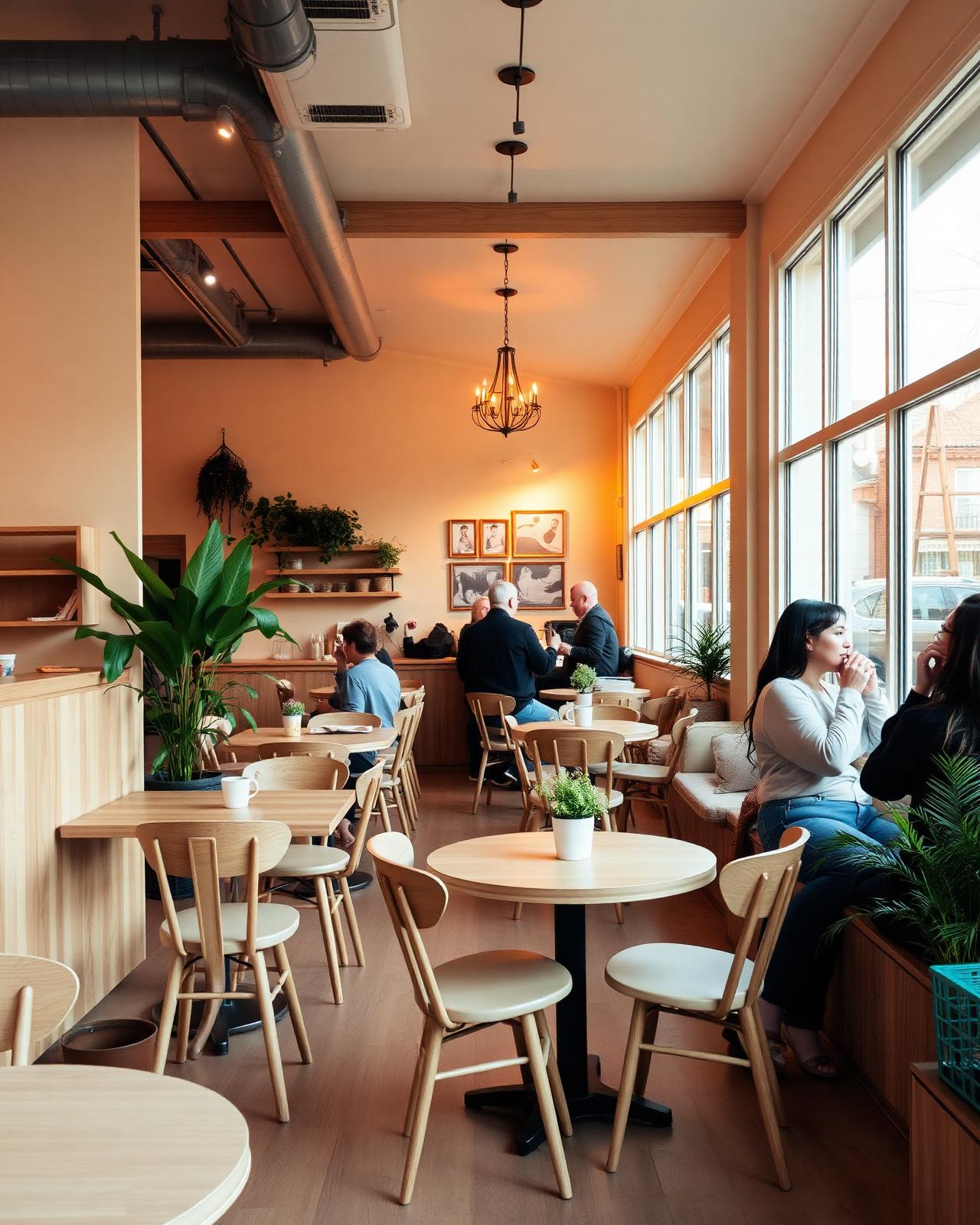 Warm, plant-filled interior of Beluna Cafe with sunlight through large windows