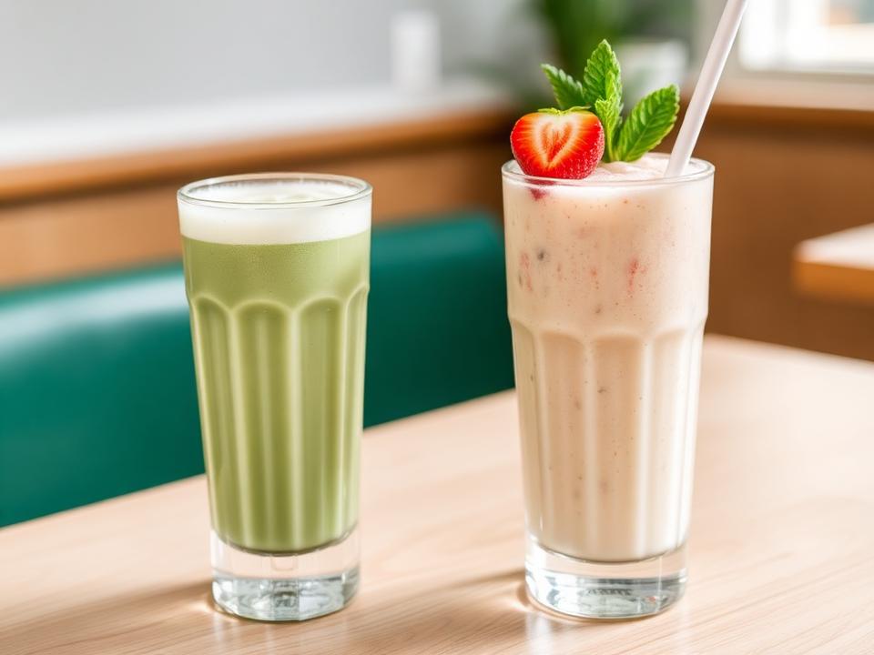 Iced matcha latte and fresh smoothie
